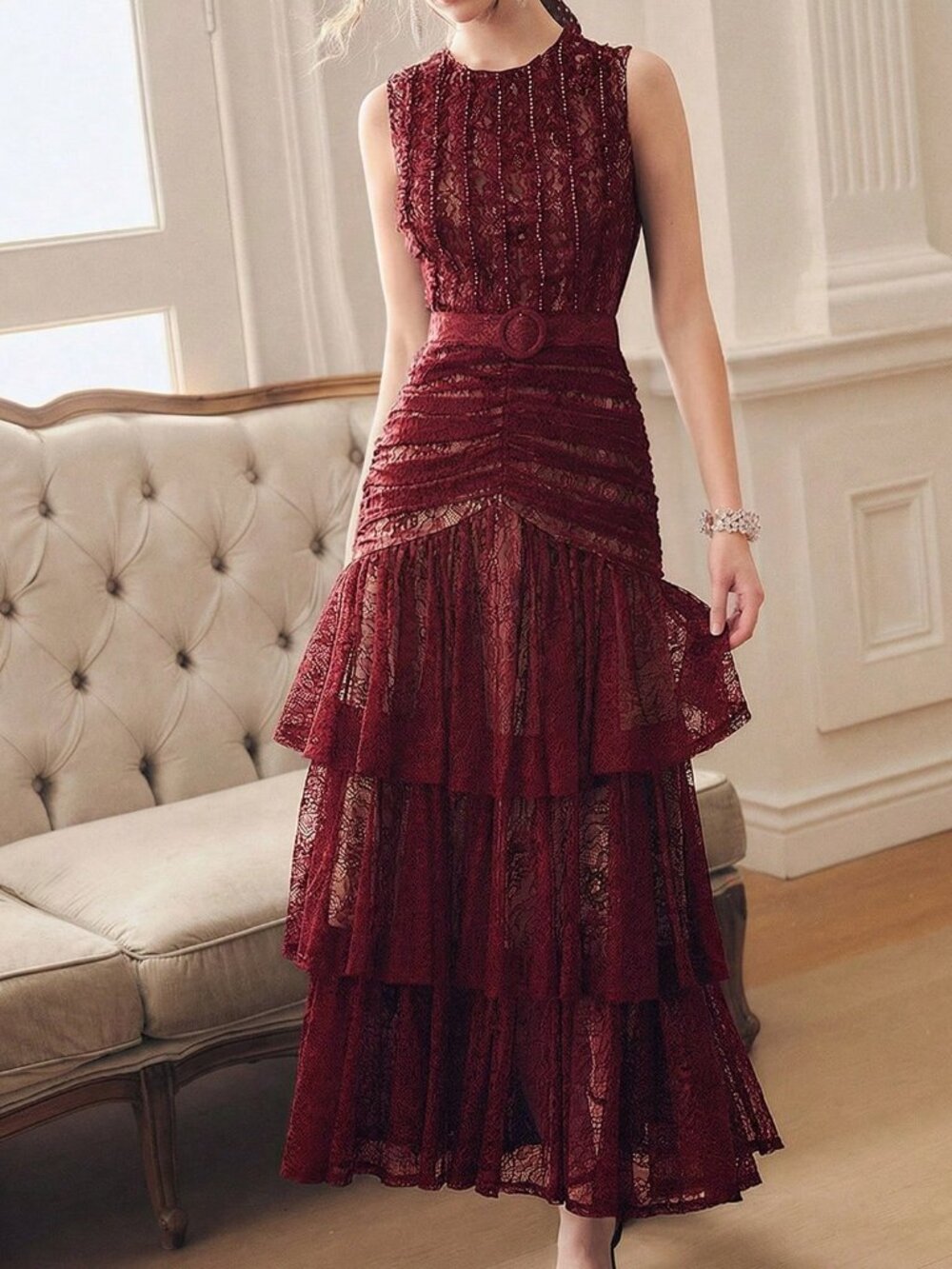 Burgundy Elegant Women's A-Line Peplum Ruffle Tiered Long Dress